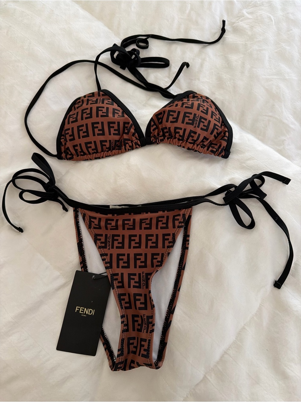 Fendi Brown and Black FF Logo String Bikini